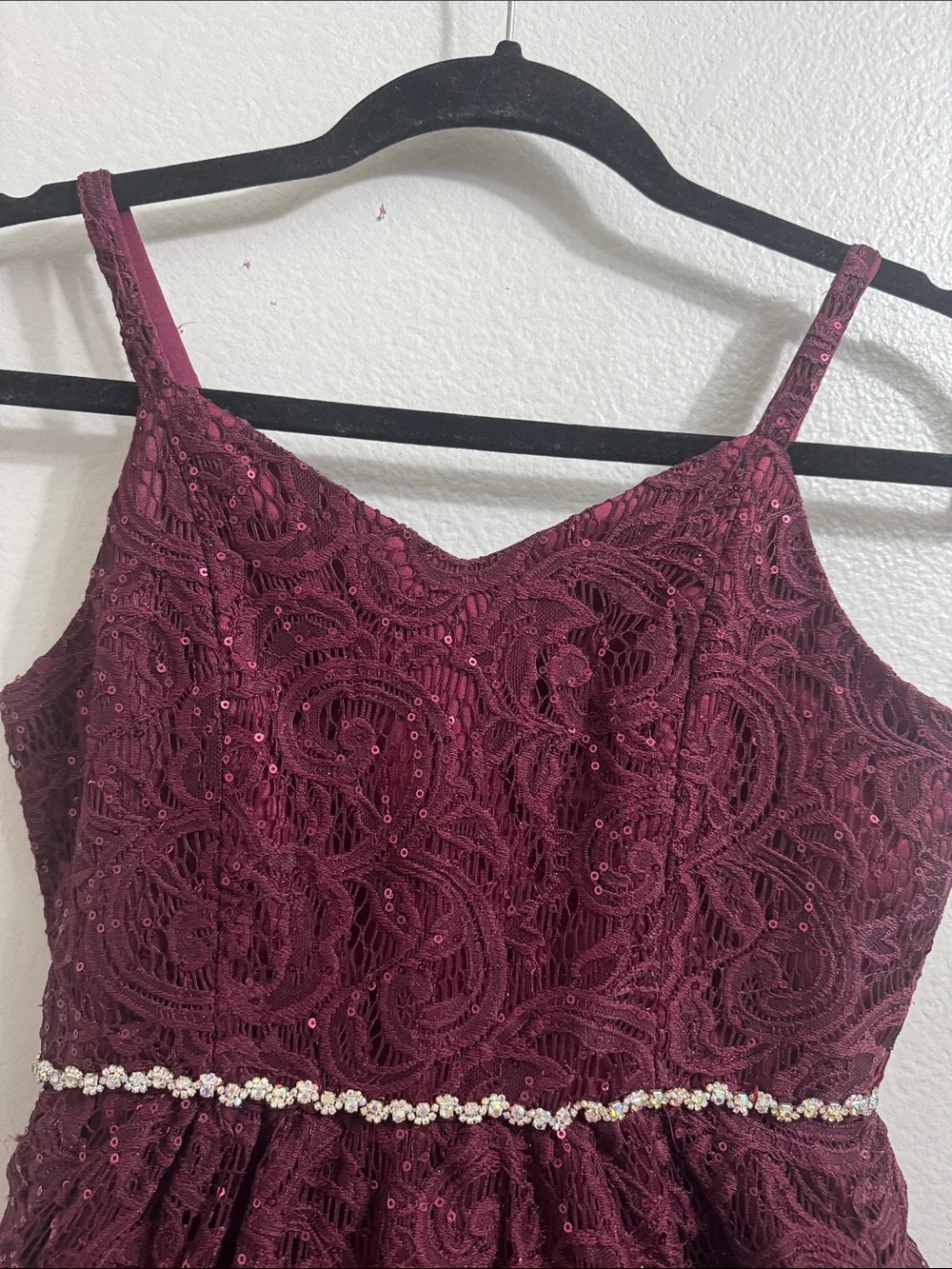 Rare Editions- Girls Lace Sequined High-Low Dress with Jeweled Waist in Burgundy